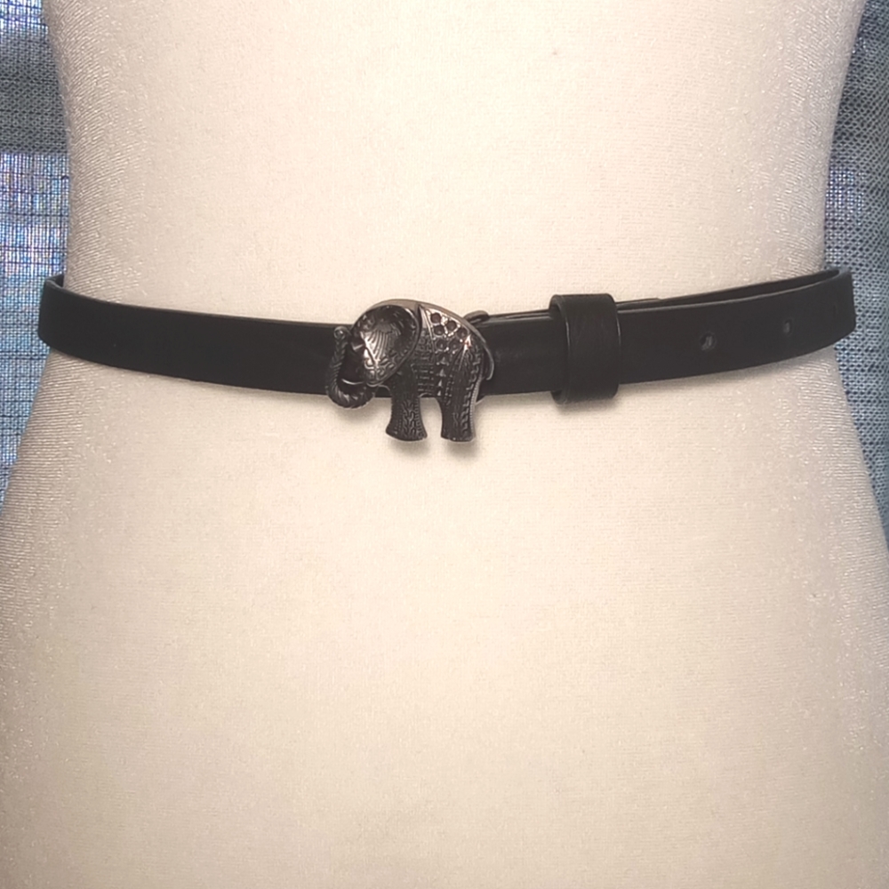 Rare & Unique Elephant Silver Buckle Genuine Leather Black Women's Belt Size M